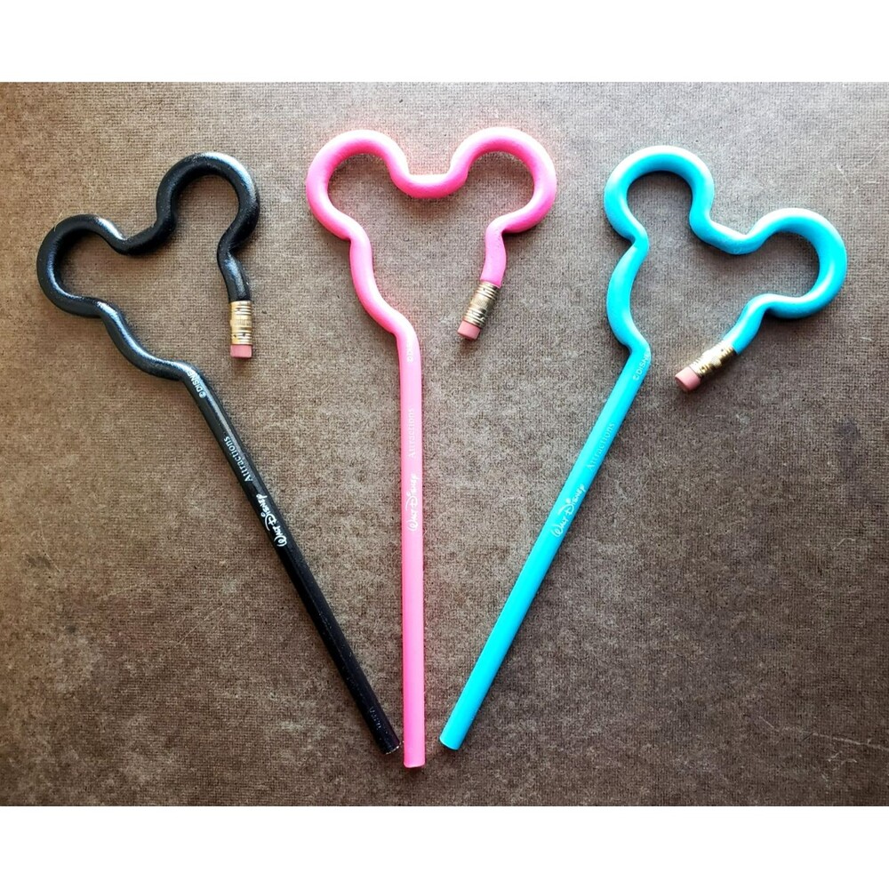 WALT DISNEY MICKEY MOUSE Ear Shaped Pencils LOT OF 3 Black Pink Blue W/Erasers!!